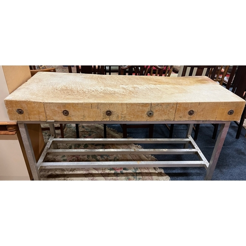 4 - BUTCHERS BLOCK ON METAL STAND 155cm LONG 61.2cms DEEP 86.5 HEIGHT