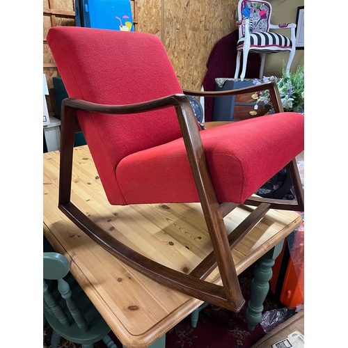 25 - MID CENTURY WALNUT VINTAGE ROCKING CHAIR POSSIBLY BY TON 1960S WITGH RED BURLAP FABRIC