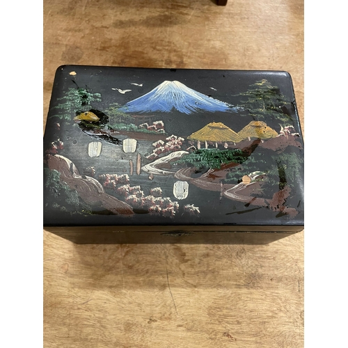 369 - MOUNT FUGI PAINTED BOX WITH VINTAGE JEWELLERY