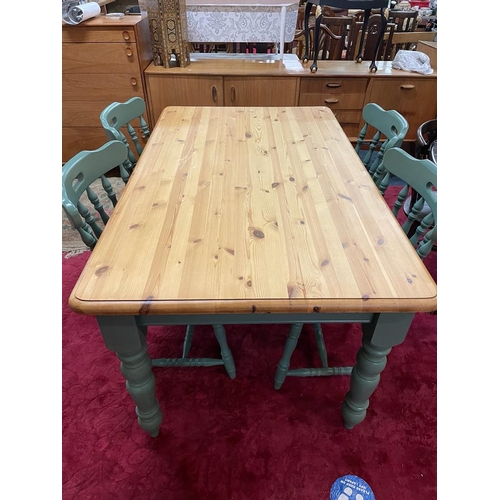 57 - FARMHOUSE STYLE TABLE WITH 4 CHAIRS PAINTED SAGE 5FTX3FT