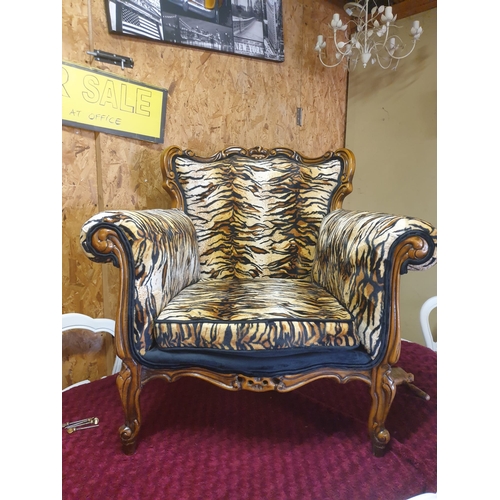 129 - NEWLY UPHOLSTERED VELVET TIGER ARMCHAIR