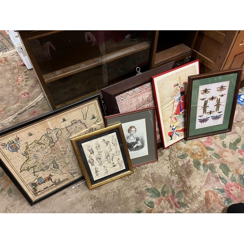 180 - ANTIQUE MAP IN FRAME AND 6 OTHER PICTURES