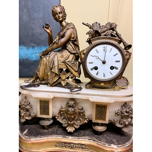 184 - FRENCH FIGURE PENDULUM CLOCK GILDED BASE ON STAND WITH KEYS