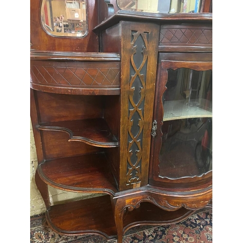 187 - EDWARDIAN MAHOGANY GLASS AND MIRROR PARLOUR CABINET 6FT HIGH 4FT WIDE AND 1FT 5