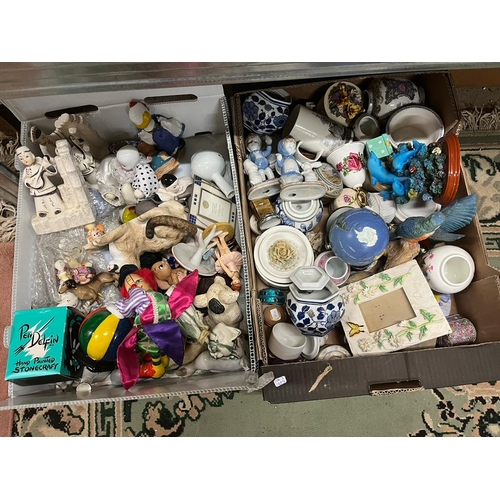 51 - 2 BOXES OF MISC CHINA, GLASS, FIGURES, CLOWNS, ETC