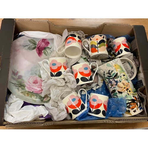 60 - BOX WITH 7 ORLA KIELY MUGS & OTHER BONE CHINA