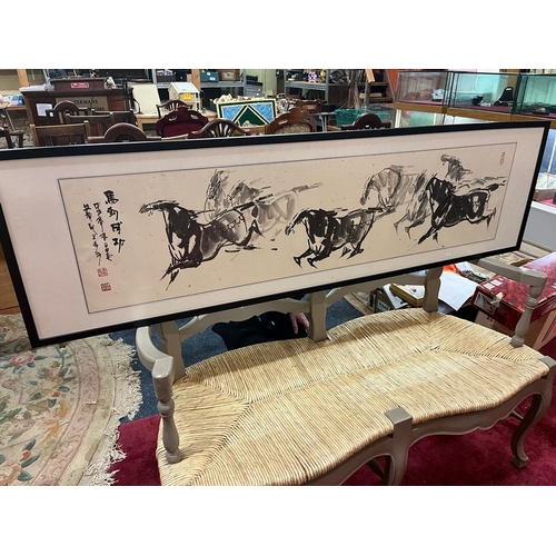 165 - LARGE CHINESE WATCERCOLOUR ON PAPER MOUNTED ON SILK WITH GOLD FLECK OF HORSES WITH SCRIPT AND SEAL M... 