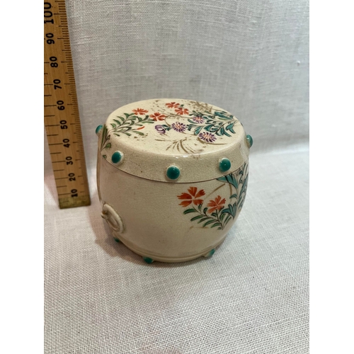 232 - JAPANESE KYOTA SATSUMA DRUM SHAPED POT WITH LID HANDPAINTED