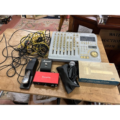 52 - TASCAM MUSIC MIXER WITH 2 MICS AND ASSORTED PEDALS ETC