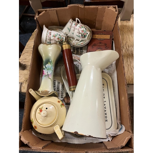 49 - BOX VINTAGE WITH ENAMEL JUG