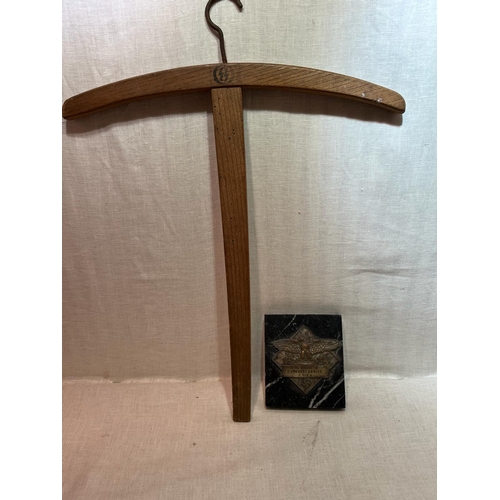 277 - 1934 DATED NAZI PLAQUE ON MARBLE BASE AND SS GESTAPO COATHANGER