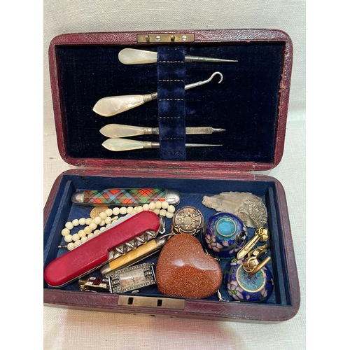 379 - RED LEATHER BOX AND CONTENTS