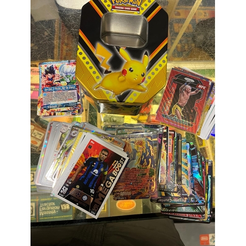 384 - POKEMON TIN WITH SPORTS-DRAGONBALL AND POKEMON CARDS