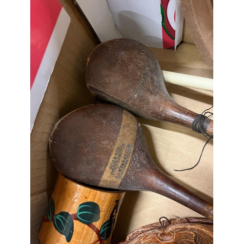 191 - BOX WOODEN ITEMS INC EARLY GOLFCLUBS