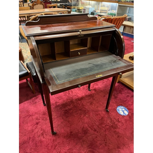 246 - EDWARDIAN MAHOGANY CYLINDER TOP INLAID DESK 90C HIGH X 76CM WIDE