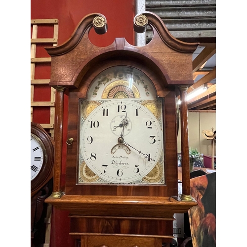 254 - JOHN BISHOP VICTORIAN OAK AND MAHOGANY GRANDFATHER CLOCK 210CM HIGH 46CM WIDE