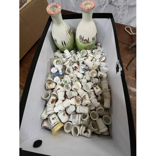 102 - BOX THIMBLES AND PAIR VASES