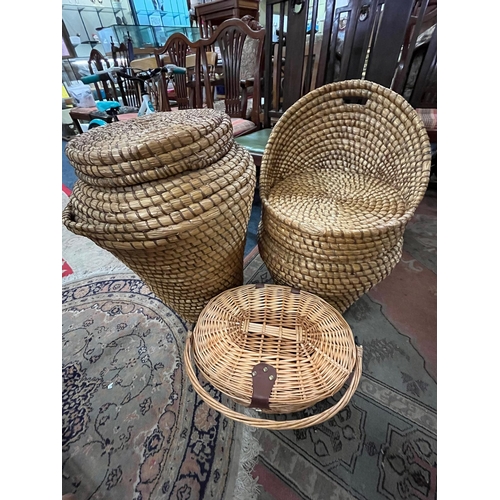 214 - WICKER BICYLE BASKET AND 2 LAUNDRY BASKETS