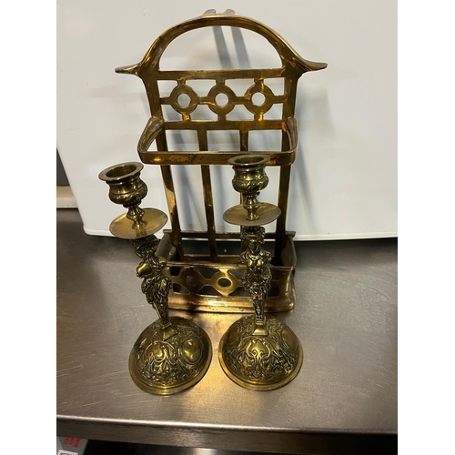 335 - PAIR FIGURE CANDLESTICKS AND BRASS RACK