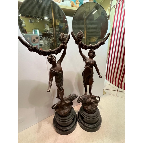 PAIR SPELTER FIGURINES WITH MIRRORS