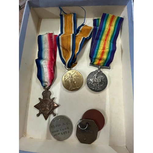 415 - SJT.T.C.ALTON MEMBER OF THE RIFLES WW1 MEDALS AND DOG TAGS