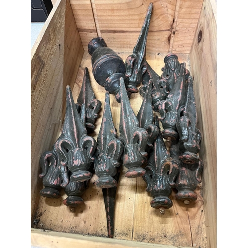 186 - EARLY IRON FENCE FINIALS IN CRATE