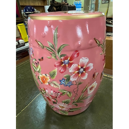 215 - PINK FLORAL CERAMIC STOOL 18