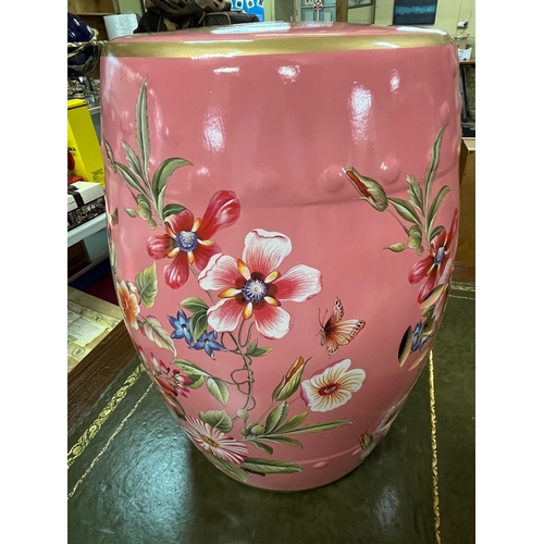 227 - PINK FLORAL CERAMIC STOOL 18