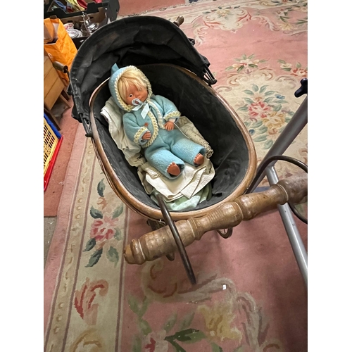 234 - VIC STYLE PRAM AND VINTAGE MECHANICAL DOLL WITH KEY