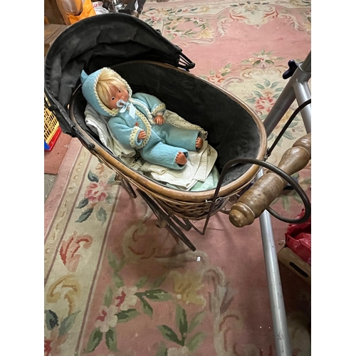 234 - VIC STYLE PRAM AND VINTAGE MECHANICAL DOLL WITH KEY