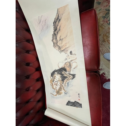 250 - CHINESE HANGING SCROLL WATERCOLOUR ON PAPER LION WITH CUBS WITH SCRIPT AND SEAL MARKS