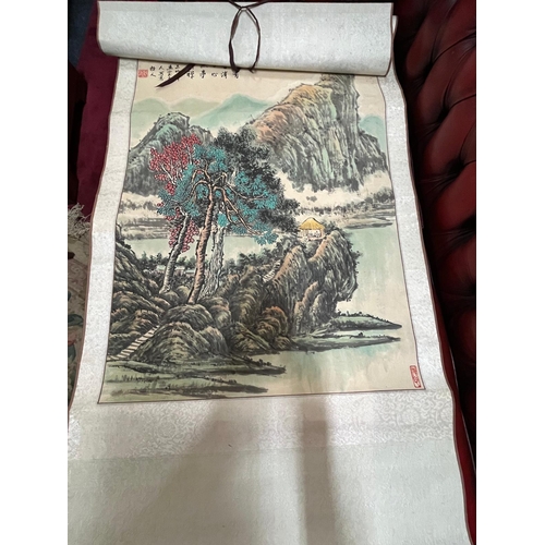 251 - CHINESE HANGING SCROLL LANDSCAPE WATERCOLOUR ON PAPER WITH SCRIPT AND SEAL MARKS