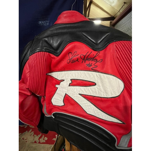 118 - LEATHER MOTOR BIKE JACKET SIGNED ON BACK STEVE HISLOP