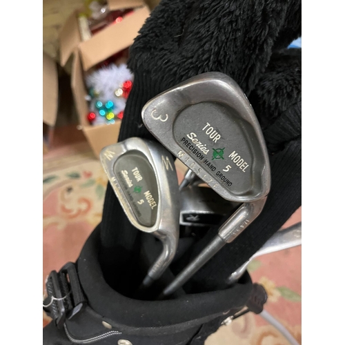 193 - GOLF CLUBS IN CADDY BAG WITH GOLF BALLS TEES ETC