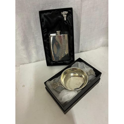 132 - BOXED PEWTER HIP FLASK AND BOXED EDWIN BLYDE CELTIC DISH