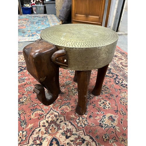 113 - HABD CARVED ELEPHANT STOOL BRASS TOP