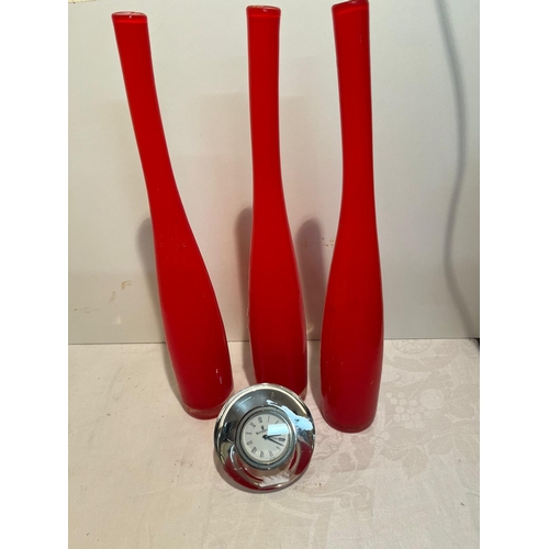 134 - WATERFORD CRYSTAL CLOCK AND 3 TALL RED VASES