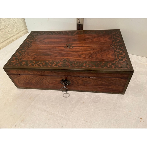 189 - ROSEWOOD AND METAL INLAY NEEDLEWORK BOX