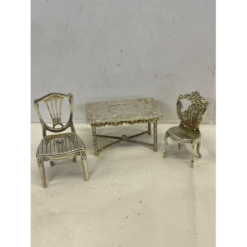 338 - 3 SILVER ITEMS 2 CHAIRS AND TABLE