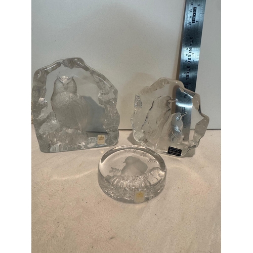 260 - 3 CRYSTAL PAPERWEIGHTS BIRDS IN MATS JONASSON