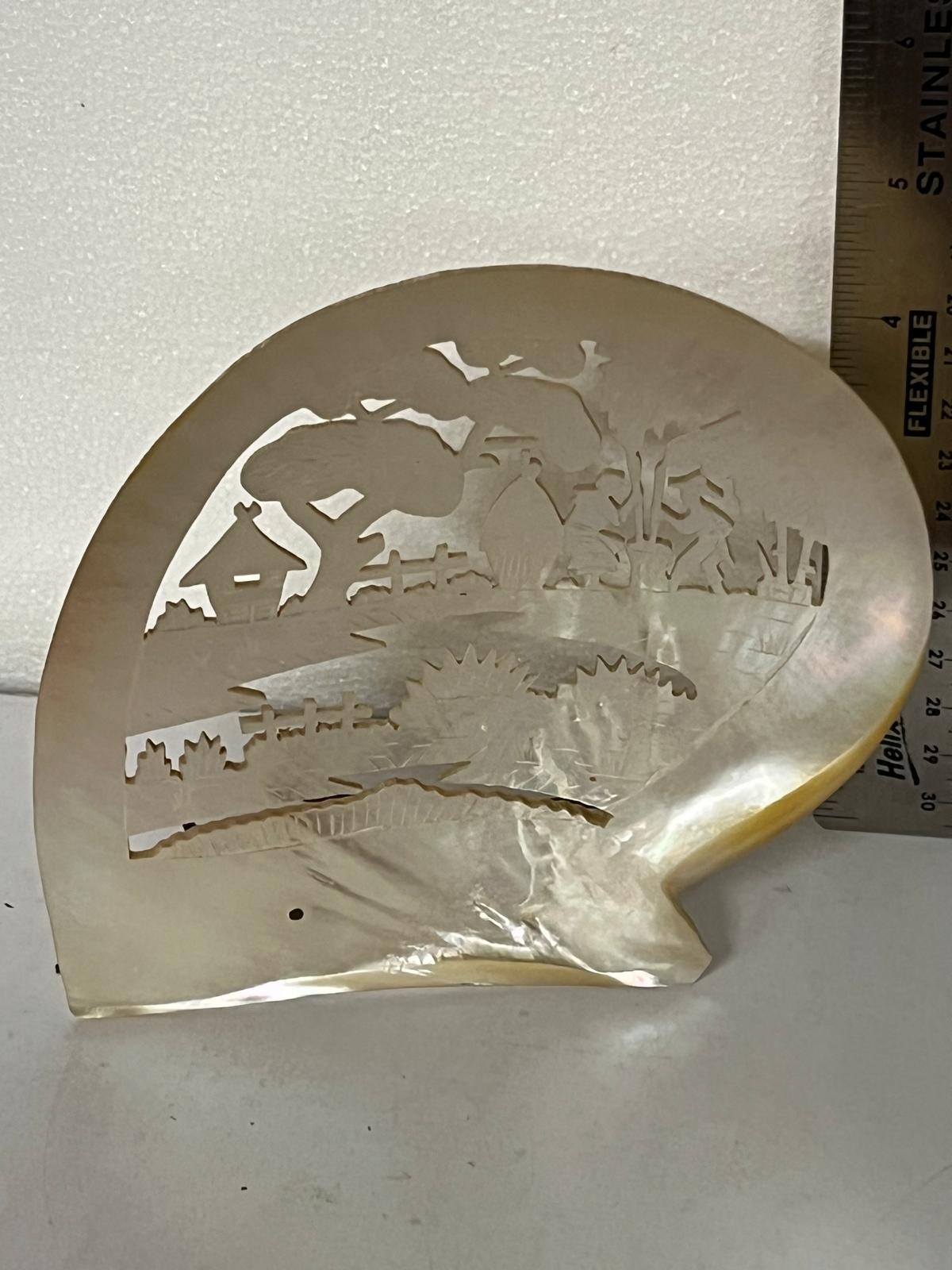 LARGE CHINESE HAND CARVED OYSTER SHELL