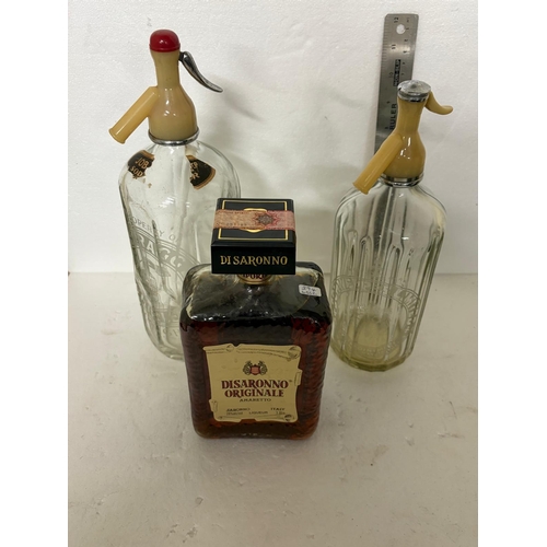 5 - 2 SCHWEPPES SODA SYPHONS AND BOTTLE AND CONTENTS