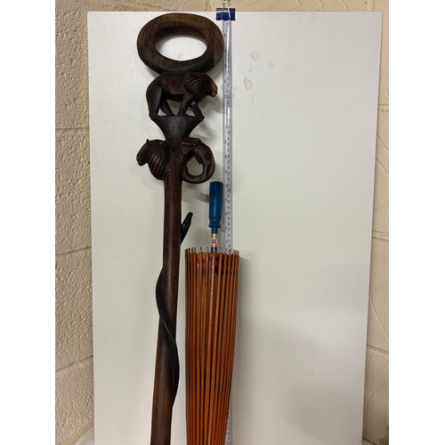 242 - AFRICAN CARVED CANE AND ASIAN PARASOL