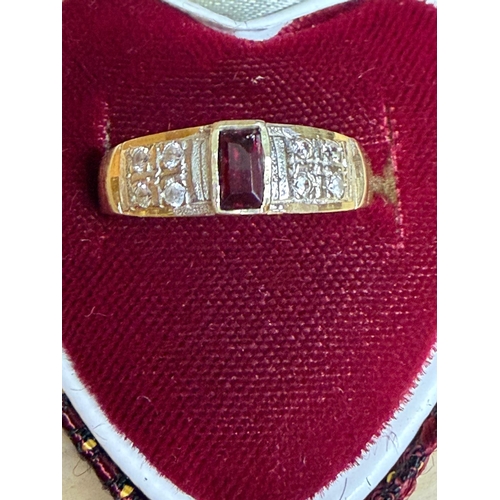 414 - 14CT DIAMOND AND RED STONE RING SIZE P 2.6GMS