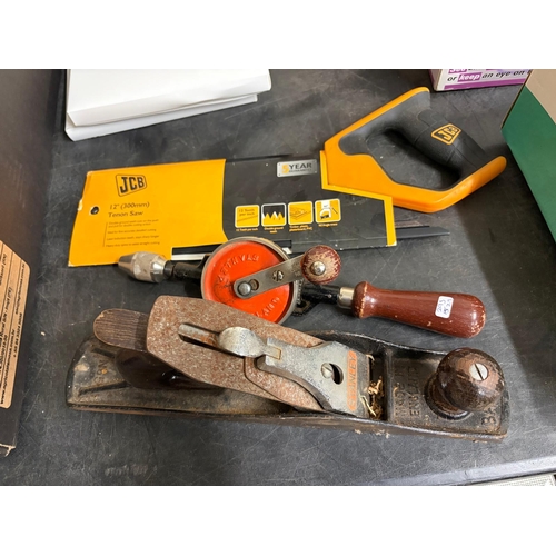 15 - STANLEY PLANE AND HAND DRILL AND JCB SAW