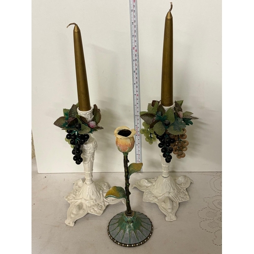 47 - PAIR METAL CANDLESTICKS AND FLOWER CANDLESTICK