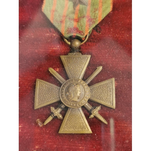 227 - Framed French Service Medals inc. Croix de Guerre with Bronze Star and 1876 Service Medal