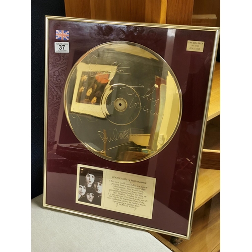 37 - The Beatles Collectable Gold Disc Music Memorabilia w/certificate & provenance, no 0138 - 51x41cm