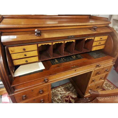 125 - Antique Cylinder Top Pedestal Desk - 121x63x108cm