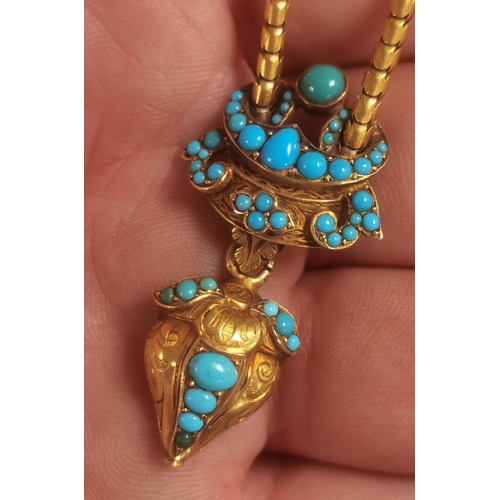 146 - Cased 14ct Antique Gold Necklace w/Turquoise Egyptian Detail